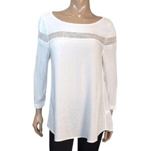 💠 Reitmans Lace Inset Long Sleeve Blouse White Textured Ruffled Flowy Top